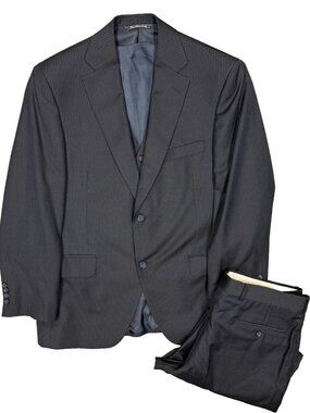 Jack Victor Suit 3pc Vest Striped 100s Wool Navy Blue Canada 40S 34x29